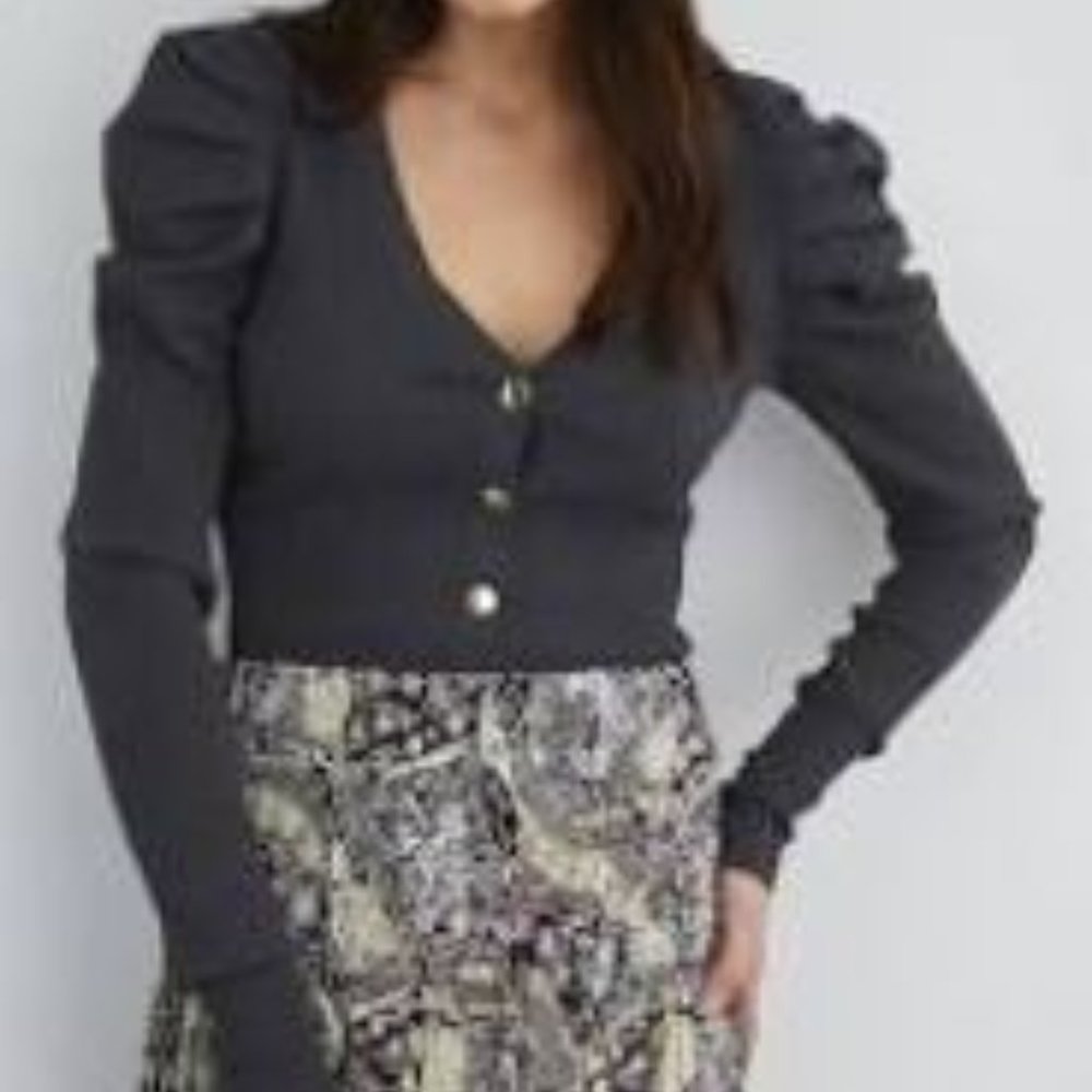 Puff Sleeve Ribbed Cardigan